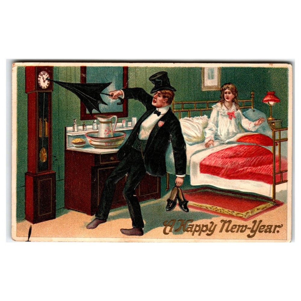 Vintage New Year Postcard Man Umbrella Shoes Bedroom Woman Bed Embossed Germany